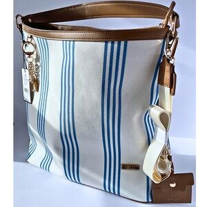 Laundry by Shelli Segal Striped Canvas Tote Bag NWT Ivory Blue Zip Top